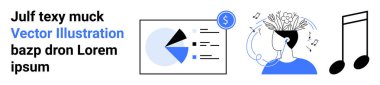 Data visualization with pie chart and dollar sign, person wearing headphones with brain activity, and large musical notes. Ideal for analytics, music, creativity, technology, innovation, education