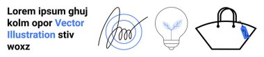 Abstract scribble art next to a lightbulb with plant sprout and a handbag icon with a blue tag. Ideal for creativity, innovation, branding, fashion, sustainability, design concepts, flat landing page
