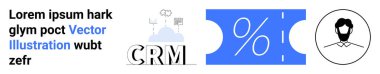CRM text with cloud and gear visuals, discount percentage on a ticket, user profile icon. Ideal for business management, customer loyalty, analytics, promotions, marketing, sales abstract line flat