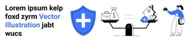 Scales balancing money bag and house with a healthcare icon, highlighting financial security and medical investment. Ideal for financial planning, healthcare, insurance, equality, decision-making