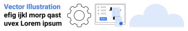 Gear icon, cloud, and user interface document screen with a pay button highlight system automation. Ideal for technology, cloud storage, payment gateway, data processing, system settings, innovation
