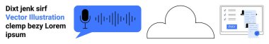 Microphone with audio waveform, cloud, and digital document for voice recognition, cloud storage, and digital processing. Ideal for AI, communication, technology, data sharing cloud computing
