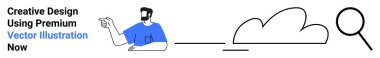 Male character points toward cloud shape connected with magnifying glass, symbolizing digital exploration and creativity. Ideal for technology, innovation, data, cloud storage, search, strategy, flat