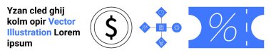Dollar sign for money, nodes indicating networking or collaboration, percent sign on ticket for discounts. Ideal for finance, business strategy, marketing, advertising, online sales, networking