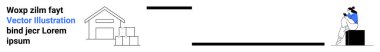 Warehouse with stacked boxes on the left, person sitting on a box using a laptop on the right. Ideal for logistics, e-commerce, remote work, supply chain, online business, delivery services