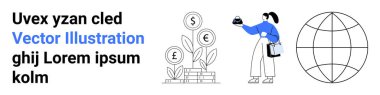 Female character holding a pie chart near a money tree with stacked coins and a globe outline. Ideal for finance, investment, economy, growth, global business, planning, flat landing page banner