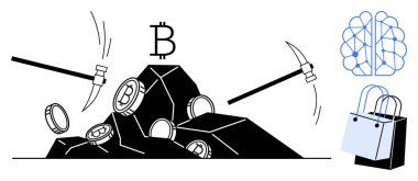 Multiple pickaxes striking a rock containing Bitcoin coins, blockchain network and shopping bag icons. Ideal for cryptocurrency, blockchain, mining, finance, technology, e-commerce, digital economy
