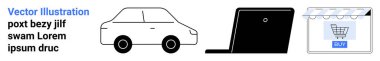 Car, laptop, and online store portal represent e-commerce, delivery, technology, retail, shopping, digital innovation logistics. Ideal for business marketing advertising retail logistics user