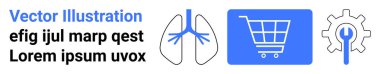 Lungs diagram, shopping cart, and gear with wrench in a clean layout. Ideal for healthcare, online shopping, settings, diagnostics, maintenance, configurations simple landing page