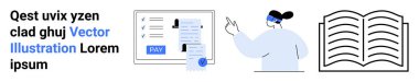 Digital payment form with Pay button, person gesturing, and open book. Ideal for online finance, user interface, e-learning, instructions, digital communication, fintech abstract line flat metaphor