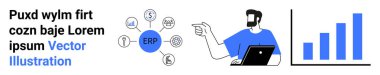 ERP module icons linked in a hub, professional analyzing on laptop, bar chart growing. Ideal for data analysis, business growth, process automation, finance, strategy, workflow flat landing page