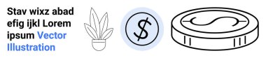 Dollar coin with currency sign and potted plant symbolizing economic growth, wealth, savings, investment, sustainability, business planning, and eco-friendly finance. Ideal for flat landing page