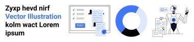Robot analyzing reports, payment screen with pay option, pie chart. Ideal for automation, AI, payments, data analysis, fintech technology workflow efficiency. Abstract line flat metaphor