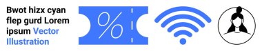 Coupon with percentage symbol, blue wireless signal, black-and-white female avatar in circle. Ideal for technology, retail, communication, networking, e-commerce, virtual identity marketing