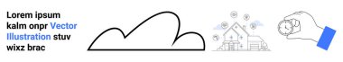 Cloud outline, smart home with eco-icons, and hand holding sustainable globe. Ideal for tech, sustainability, innovation, eco-friendly living, IoT, environment simple landing page