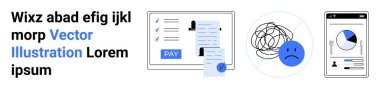 Payment invoice with pay button, tangled lines with sad face, and mobile screen analytics. Ideal for finance, mental health, budgeting, online platforms, stress management, technology abstract line