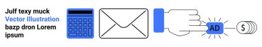 Calculator, email icon, hand engaging with online ad, and dollar symbol highlight digital marketing, budgeting, and business strategies. Ideal for marketing, advertising, budget planning e-commerce