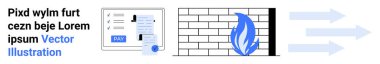 Online payment interface, brick firewall with flame icon, and outgoing data arrows. Ideal for cybersecurity, e-commerce, fintech, data transfer, IT security digital safety and encryption. Abstract
