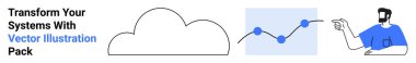 Cloud outlines and an upward data graph with a person analyzing trends. Ideal for innovation, analytics, cloud computing, progress, data evaluation, teamwork, flat landing page banner