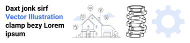 House with surrounding interconnected icons, coin stacks, and gear cog. Ideal for real estate, technology, finance, automation, home management, planning and a simple landing page