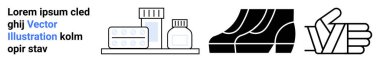 Medicine bottles, blister pack, shoes, and a thumbs-up symbol in black-and-white style. Ideal for healthcare, pharmacy, fashion, e-commerce, wellness approval flat landing page banner