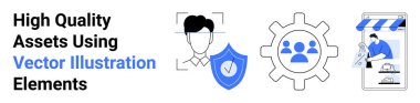 Facial recognition, shield with checkmark, gear with user icons, and an online shop interface. Ideal for technology, cybersecurity, teamwork, e-commerce, identity innovation and flat landing page