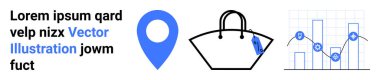 Blue pin, handbag, and line graph with gear icons representing location, retail, and data analytics. Ideal for e-commerce, navigation, marketing, logistics technology shopping modern flat landing