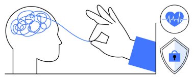 Hand unravels tangled lines in brain, represents mental clarity. Heartbeat and shield icons stand for health and security. Ideal for mental health, stress relief, therapy, wellness, cognitive