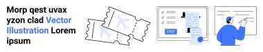 Tickets, payment screen with transaction details, person analyzing data. Ideal for e-commerce, events, technology, digital services, transactions, workflow abstract line flat metaphor
