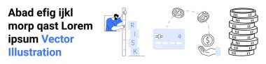 Person climbing a risk meter, credit card with money flow, and stacked coins. Ideal for finance, investment, risk assessment, savings, banking, budget planning simple landing page