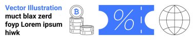 Bitcoin icon on stacked coins, blue percentage coupon, and wireframe globe outline. Ideal for finance, cryptocurrency, discounts, global economy, digital payments, investments and abstract line flat