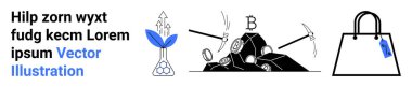 Plant sprouting upward, cryptocurrency mining with pickaxes, and shopping bag with price tag. Ideal for eco-friendly growth concepts, blockchain trends, investments, e-commerce, retail, financial