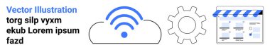 Wireless signal emanating from cloud, gear icon, and online store interface. Ideal for tech services, web development, e-commerce solutions, cloud computing, network management, online shopping