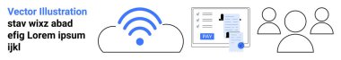 Cloud wireless signal icon, schedule app interface with tasks, and team silhouettes. Ideal for work productivity, connecting teams, cloud technology, internet, task planning, teamwork and abstract