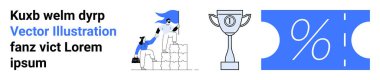 Characters climbing blocks symbolizing growth, success trophy, and discount coupon. Ideal for teamwork, success, rewards, discounts, business growth, achievement abstract line flat metaphor