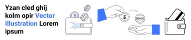 Digital wallet with cryptocurrency coins, a hand transferring money via token icon, and a wallet holding a card. Ideal for fintech, digital payments, cryptocurrency, e-commerce, online transactions