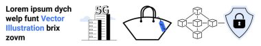 5G tower, shopping bag with tag, blockchain nodes, and security shield with lock symbol. Ideal for technology, shopping, blockchain, connectivity, e-commerce network security flat landing page