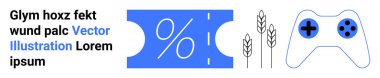 Discount coupon with percentage sign, wheat stalks, and gaming controller. Ideal for promotions, gaming, agriculture, discounts, sales, entertainment digital art concepts abstract line flat metaphor
