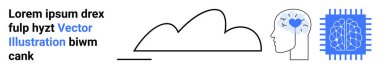 Cloud and technology icons highlight data technology, human head symbolizes creativity and AI. Ideal for innovation, tech, AI, cloud storage, machine learning, creativity, simple landing page