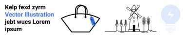 Tote bag, windmill, wheat stalks, energy-efficient lightbulb representing sustainability, eco-conscious living, renewable energy, agriculture, minimalism, clean energy and eco-friendly shopping