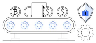 Cryptocurrency and currency symbols moving on a conveyor belt with security shield and gears. Ideal for fintech, digital finance, automation, security, cryptocurrency, technology, and innovation