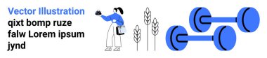 Woman lifting dumbbell with wheat stalks signifying health and balanced diet, alongside blue dumbbells representing exercise and strength training. Ideal for fitness, health, wellness, nutrition