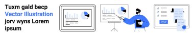 Data dashboards, pie chart on screen, presenter with tablet, checklist and payment receipt. Ideal for finance, analytics, teamwork, planning, digital tools education abstract line flat metaphor