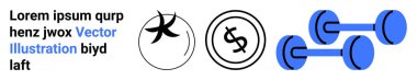 Blue dumbbells, currency coin, and dynamic movement icon. Ideal for finance, fitness, motion, investments, training energy motivation. Abstract line flat metaphor