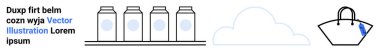 Milk cartons neatly arranged on shelf, a minimalist cloud, and a tote shopping bag with a blue highlight. Ideal for food, beverage, dairy, shopping, retail storage delivery. Flat landing page