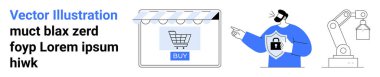 Shopper holding shield with lock beside robotic arm and e-commerce cart on screen. Ideal for cybersecurity, online shopping, automation, technology, protection, e-commerce, flat landing page banner