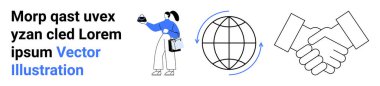Woman holding a model with rotating globe and handshake icon, symbolizing innovation, global business, partnerships, networking, international trade, teamwork, flat landing page banner