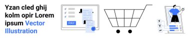 Shopping cart, payment document, analytics charts, and human figure illustration. Ideal for e-commerce, business strategy, data analysis, digital transactions, consumer behavior finance abstract