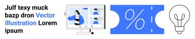Computer screen with virtual graduates, percentage discount ticket, and light bulb symbolizing education, savings, and innovation. Ideal for e-learning, discounts, creativity, success virtual