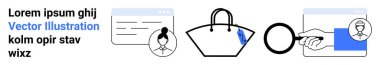 User profile interface, handbag symbol, and magnifying glass emphasize online browsing, e-commerce, profile management, user search functionality. Ideal for retail, tech, marketing recruitment